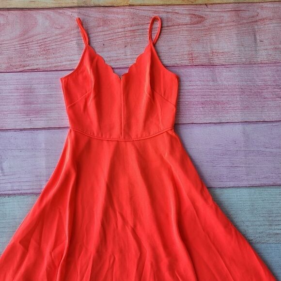 Ted Baker Neon Orange Simbah V-Neck‎ Scallop Asymmetric Hem Midi Dress M/L - Picture 2 of 6